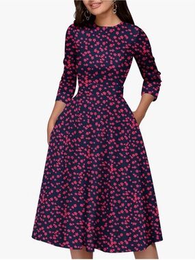 Elegant Navy Midi Dress with red Floral Print